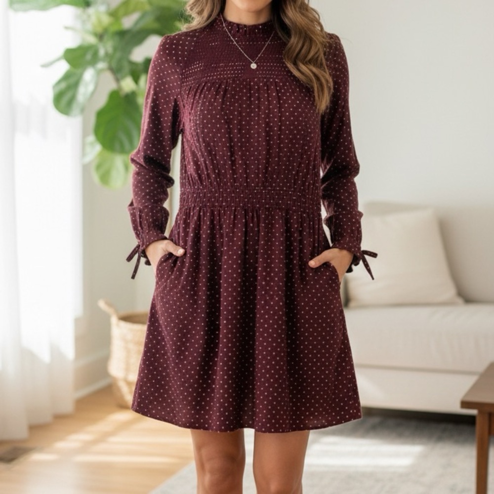 Topshop Polka Dot Shirred Tassel Cuff Waist Dress
Size: 8
